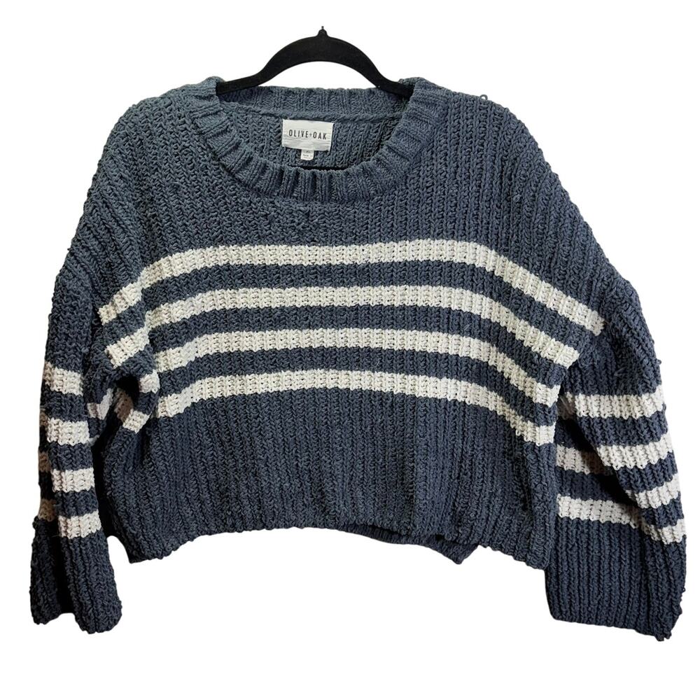 Olive + Oak Blue and White Oversized Cropped Sweater Women's Size XL Polyester